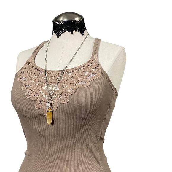 Vintage Y2K Abercrombie & Fitch Coquette Boho Lace Cream Ribbed Tank Top - Picture 2 of 8